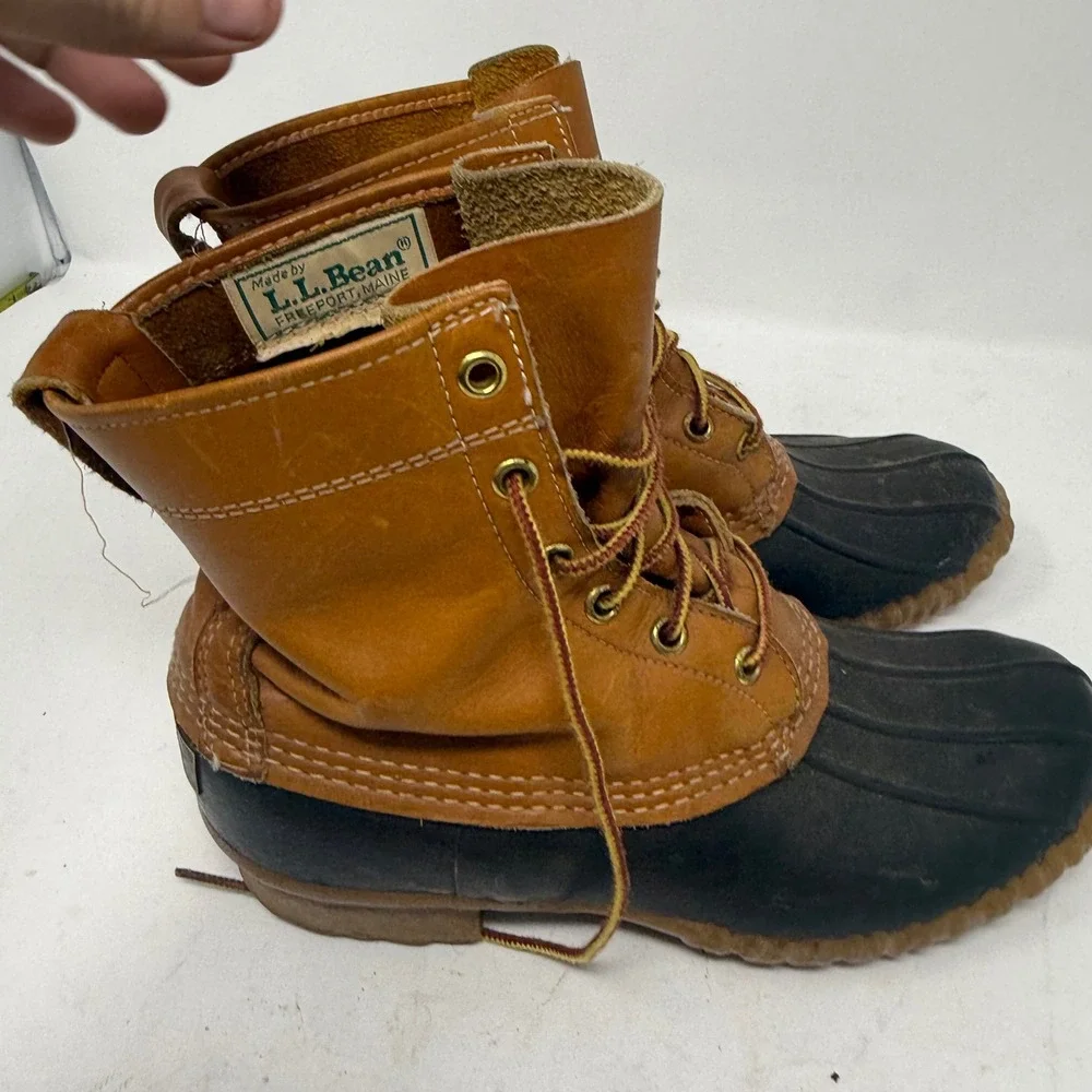 VTG LL Bean Maine Hunting Shoe Womens 7 Duck Boots Tan Leather Rubber USA Made